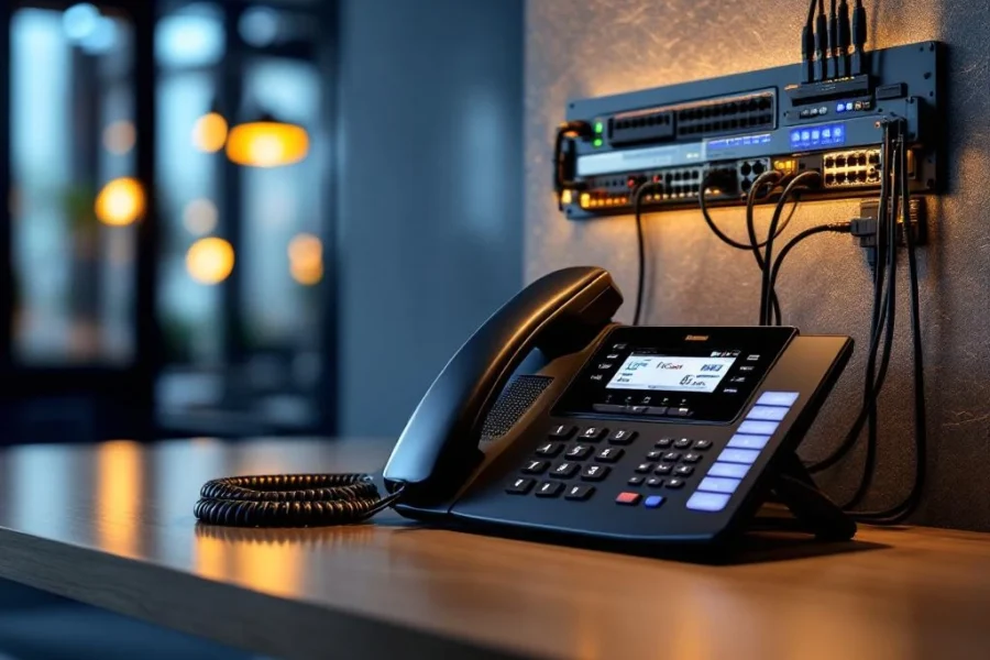 Moderne zwarte zakelijke telefoon met meerdere lijnen en digitaal display op kantoorbureau met telecommunicatiepaneel