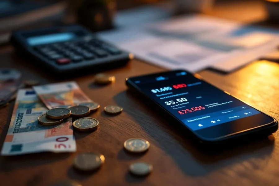 Smartphone toont hoge telefoonrekening met rode waarschuwingen naast eurobiljetten en munten op houten bureau