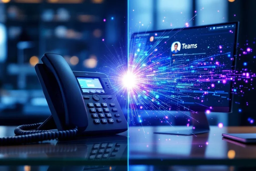 Traditionele bureautelefoon transformeert naar Microsoft Teams interface via digitale lichtstromen op glazen bureau