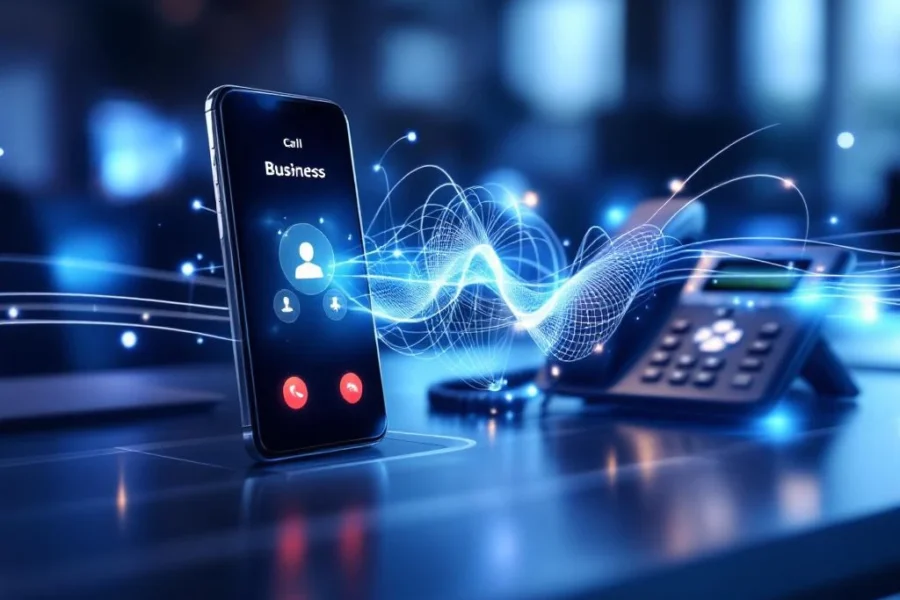 Moderne smartphone en bureautelefoon verbonden door lichtstralen op kantoorbureau, geïntegreerde communicatiesystemen