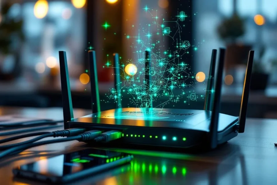 Moderne router met blauwe en groene LED-indicatoren op bureau, aangesloten met ethernetkabels en smartphone ernaast