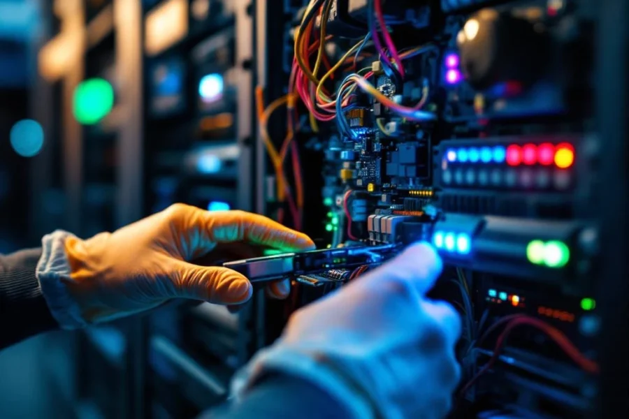 Handen met handschoenen repareren telefooncentralesysteem met kleurrijke bedrading en LED-indicatoren