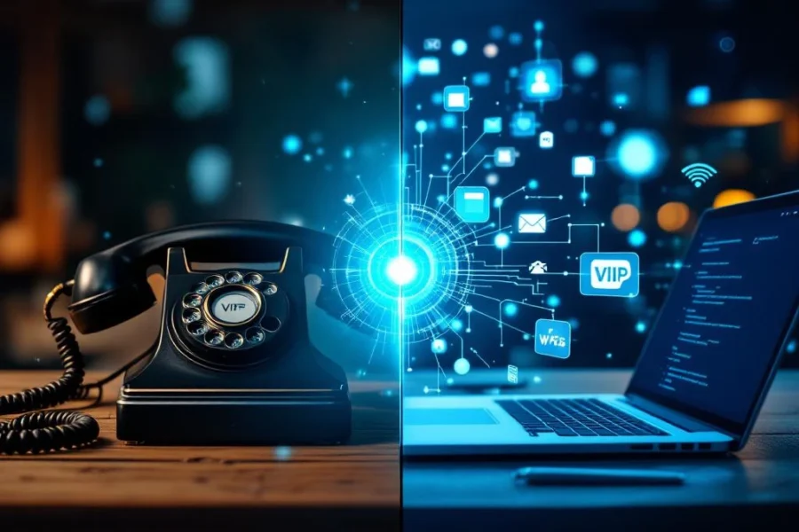 Telefonie-evolutie: zwarte draaitelefoon links overgaand naar moderne laptop met VoIP-interface rechts via digitale datastroom