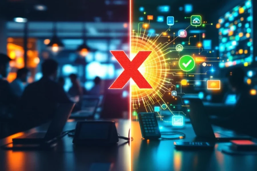 Kantoor telefoonsysteem crisis en herstel: defecte telefoons links, backup oplossingen en cloud connectiviteit rechts