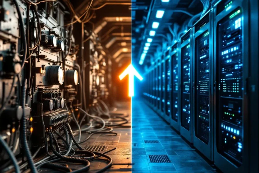 Oude analoge telefooncentrale met koperen bedrading naast moderne VoIP-servers met glasvezel, verbonden door pijl