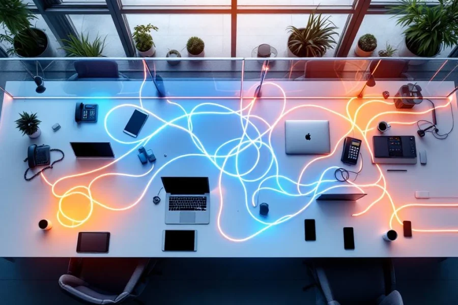 Moderne kantooromgeving met onderling verbonden communicatieapparaten via gloeiende glasvezelkabels in vogelvluchtperspectief
