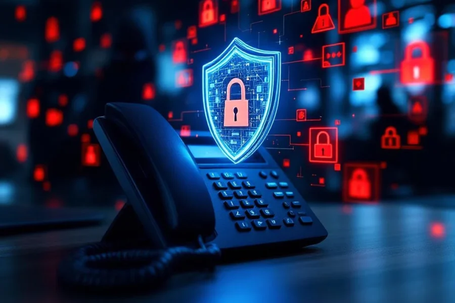 Zwarte VoIP-telefoon met blauw holografisch beveiligingsschild op bureau, rode hackerwaarschuwingen op achtergrond
