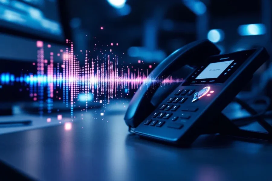 VoIP bureautelefoon met verstoorde geluidsgolven op kantoorbureau, netwerkverbindingsproblemen op achtergrond