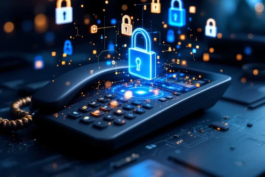 Moderne VoIP-telefoon op bureau met holografische beveiligingssymbolen en encryptie-iconen in blauw licht