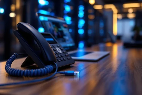 Zwarte zakelijke telefoon verbonden met laptop met Microsoft Teams interface via blauwe kabels op modern bureau