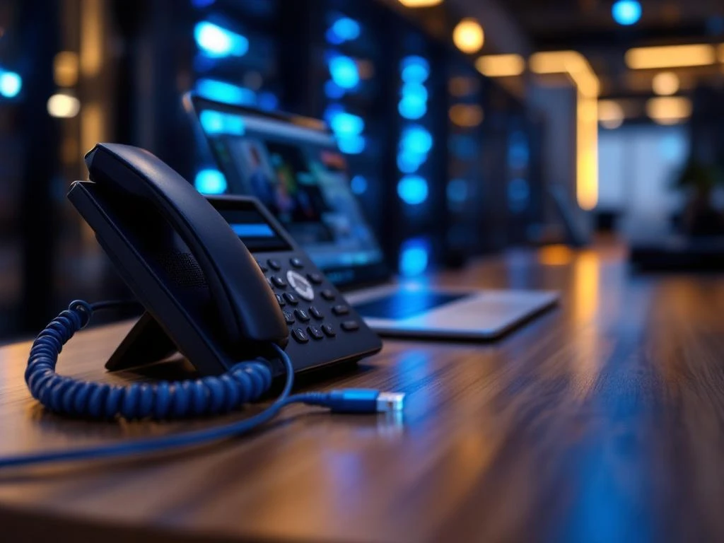 Zwarte zakelijke telefoon verbonden met laptop met Microsoft Teams interface via blauwe kabels op modern bureau