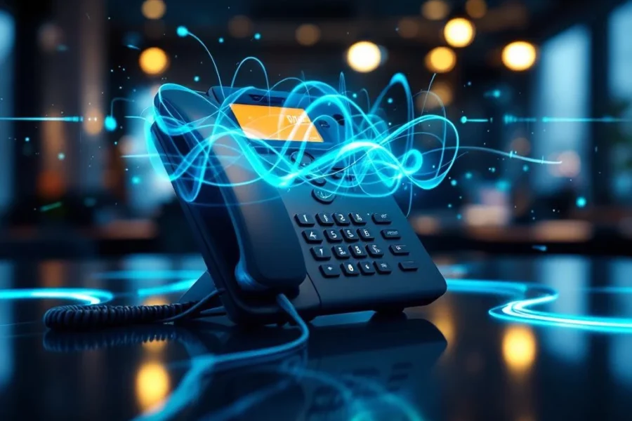 Moderne VoIP bureautelefoon met blauwe en groene geluidsgolven op donker bureau in professionele kantooromgeving