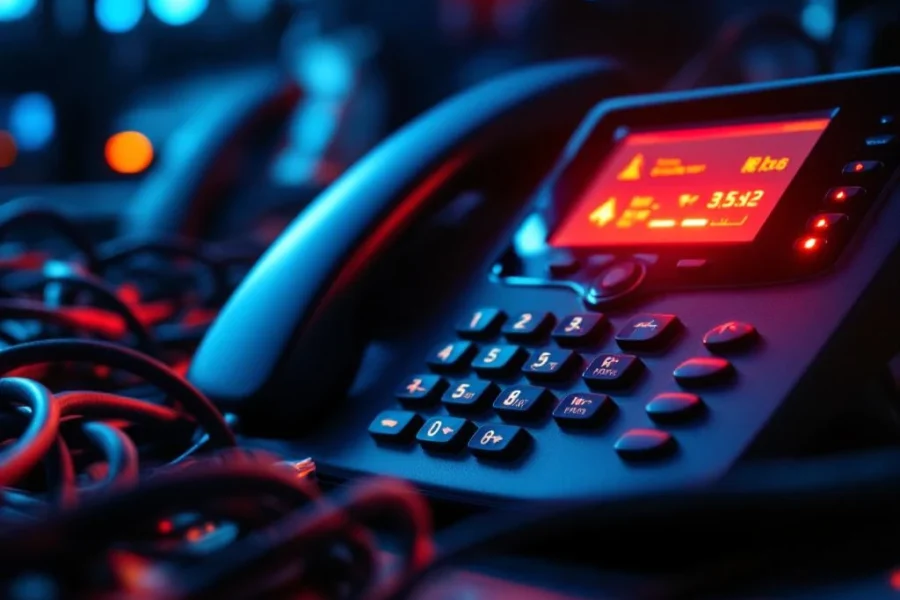 VoIP-telefoon met foutmeldingen op display, verwarde ethernetkabels en knipperende rode waarschuwingslampjes op router