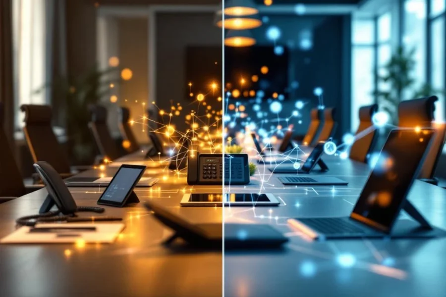 Bedrijfsgroei transformatie: traditionele bureautelefoon links evolueert naar moderne VoIP-communicatiesystemen rechts
