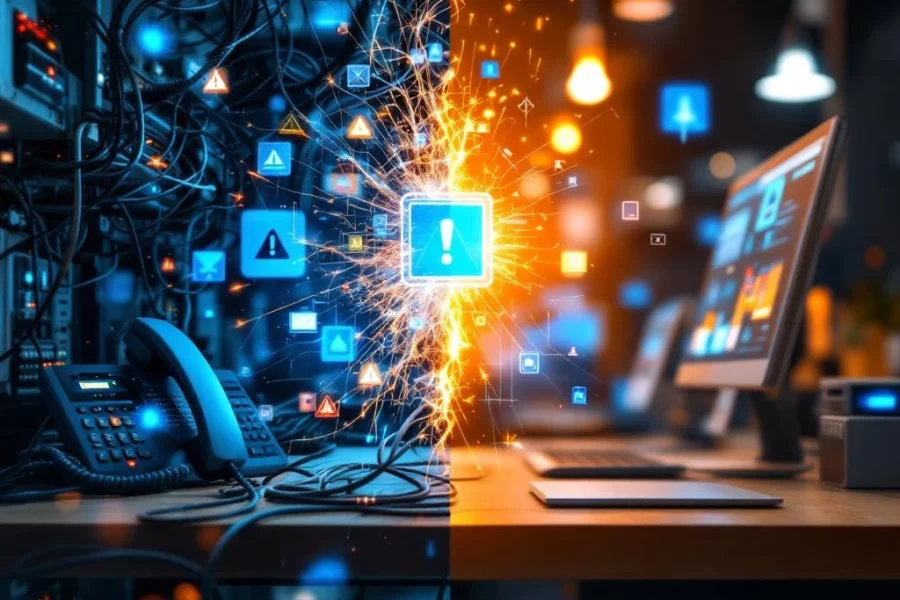 Traditioneel kantoortelefoonsysteem met vonkende kabels tegenover moderne VoIP-opstelling met digitale interfaces