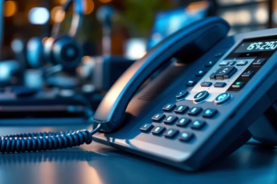 Moderne zakelijke bureautelefoon met LED-display en toetsen, omringd door kantoorapparatuur in professionele setting