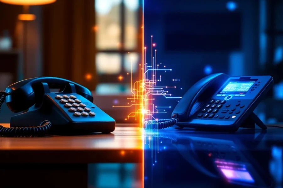 Gesplitst beeld toont evolutie bedrijfstelefonie: vintage draaitoestel links, moderne IP-telefoon rechts