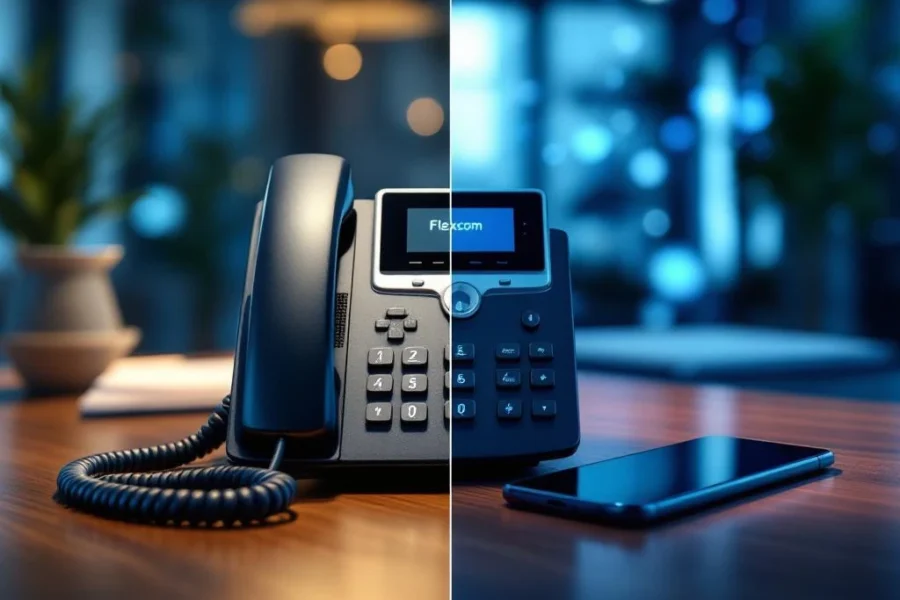 Moderne vaste telefoon en mobiele telefoon op kantoorbureau, telecommunicatie vergelijking voor bedrijfscommunicatie