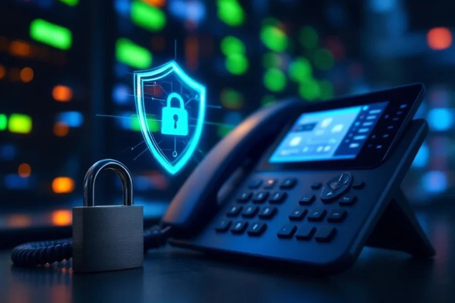 Moderne zakelijke telefoon met blauw beveiligingsschild hologram, versleutelde data en metalen hangslot