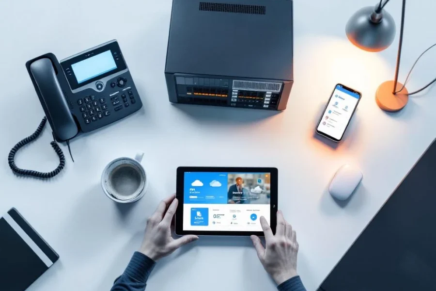 Moderne kantoorbureau met IP-telefoon, PBX-unit, tablet met cloud-telefonie en smartphone voor zakelijke communicatie