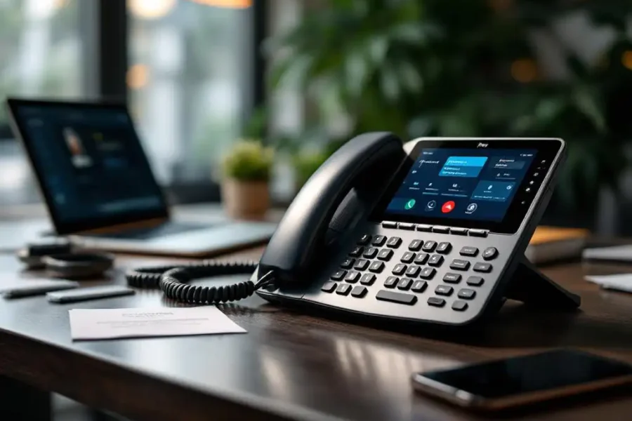 Zwarte IP-telefoon op modern kantoorbureau met laptop, netwerkkabels en smartphone in natuurlijk licht