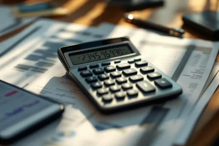Calculator met financiële cijfers op bureau met facturen, documenten en smartphone met communicatie-app in warm zonlicht