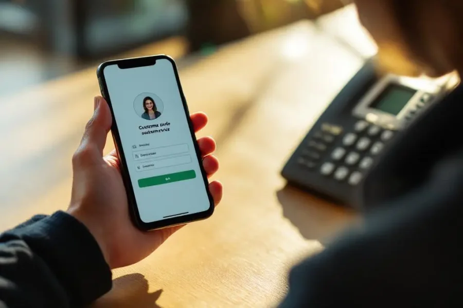 Persoon met smartphone met klantenservice-interface aan houten bureau naast vaste telefoon in natuurlijk licht