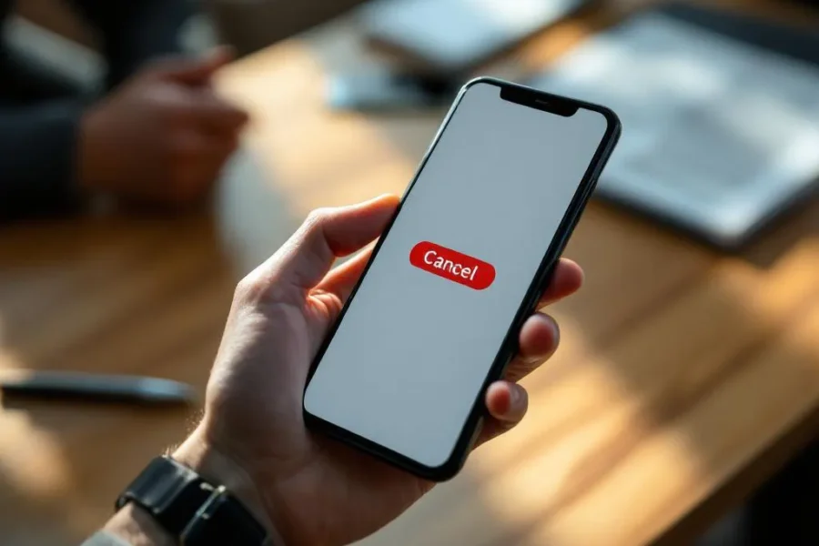 Zakenman houdt smartphone vast en drukt op rode annuleerknop van mobiel contract op modern kantoorbureau