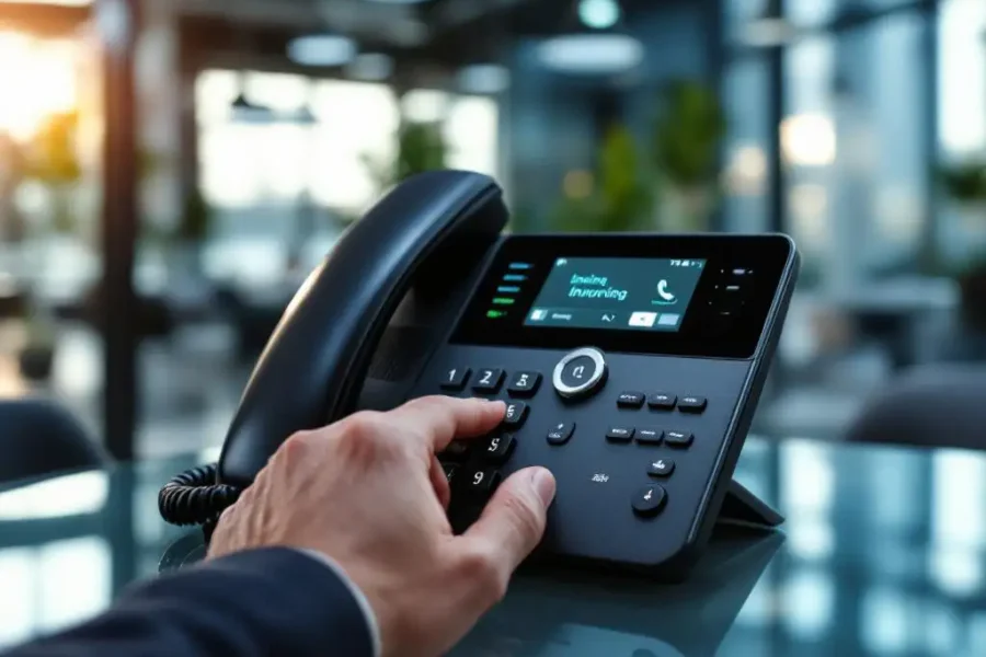 Moderne zakelijke bureautelefoon met digitaal display toont inkomende oproep, hand past instellingen aan in kantoor