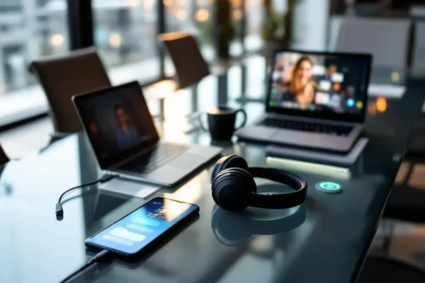 Moderne vergaderruimte met verbonden apparaten: smartphone, laptop met videogesprek, tablet en koptelefoon op glazen tafel