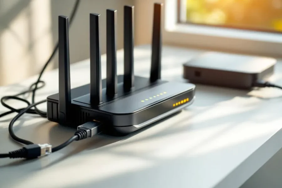 Moderne router met ethernet kabels op wit bureau, één kabel ontkoppeld, back-up apparaat klaar voor gebruik