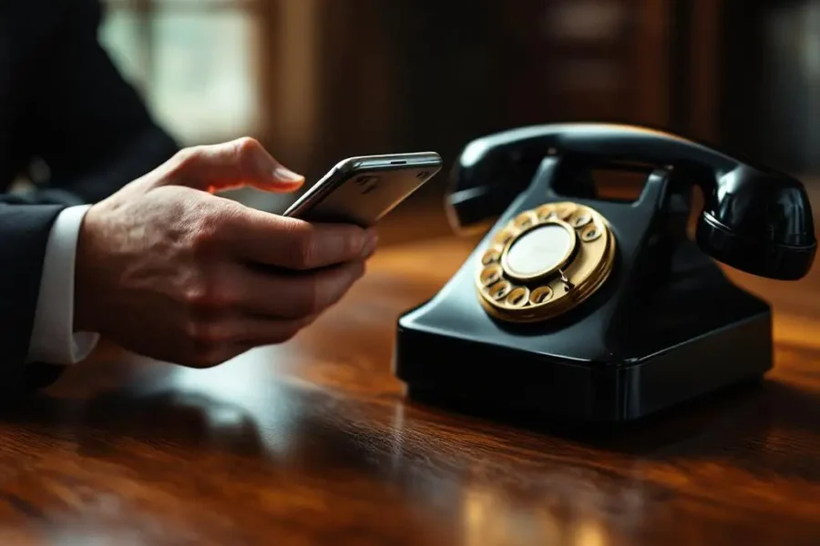 Zakenman houdt moderne smartphone vast naast klassieke draaitelefooon op houten bureau, toont evolutie communicatie