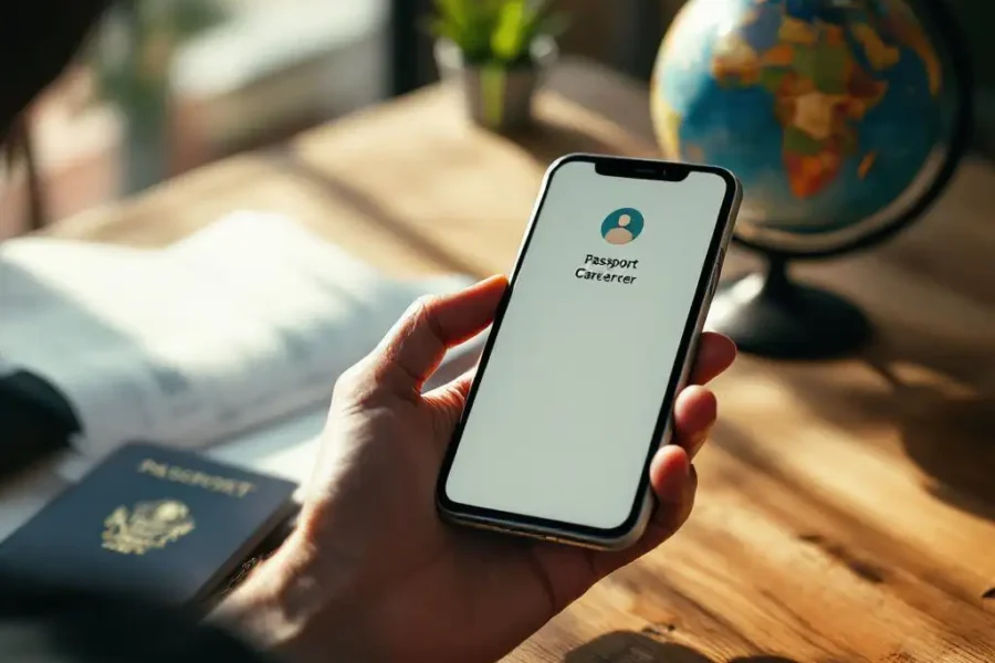 Hand houdt smartphone met mobiele provider app vast op houten tafel naast paspoort en instapkaart