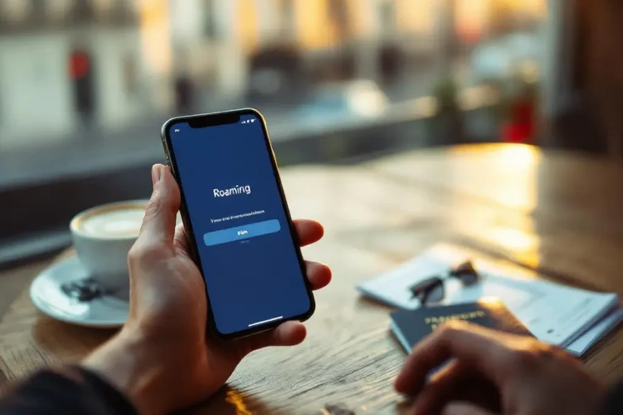 Handen houden smartphone met roaming-melding, paspoort en instapkaart op café tafel, Europese stad op achtergrond