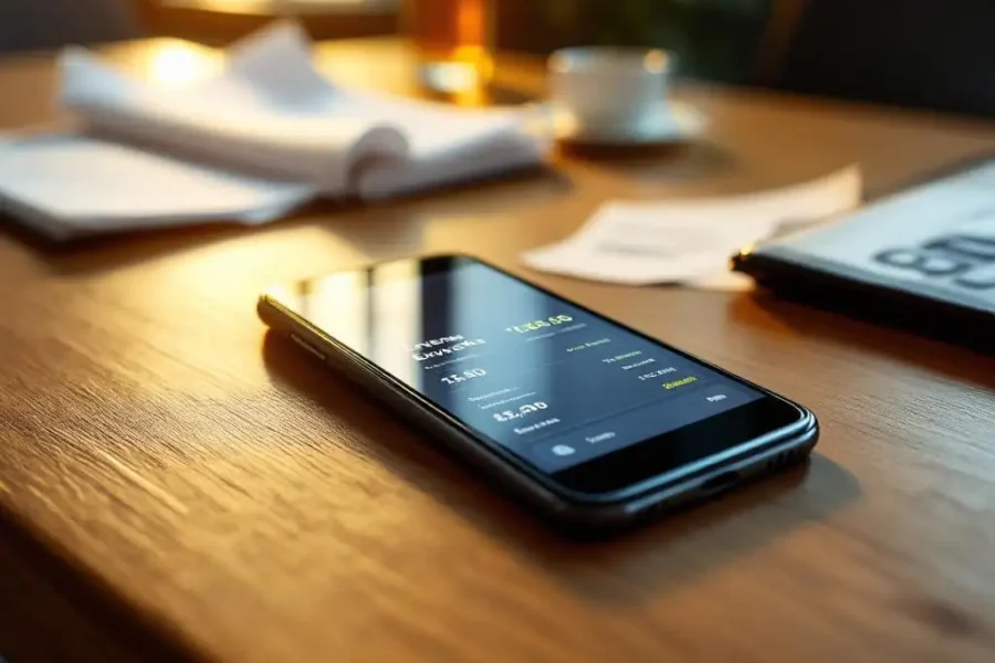 Smartphone met uitgavenoverzicht op houten vergadertafel naast zakelijke bonnetjes en financiële documenten