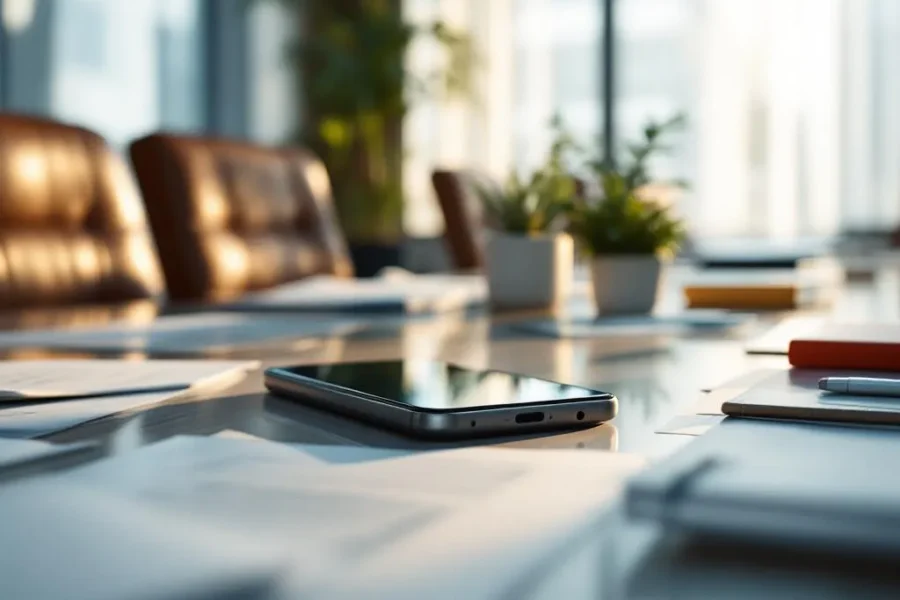 Moderne smartphone op vergadertafel met documenten en plant in professionele kantooromgeving met natuurlijk licht
