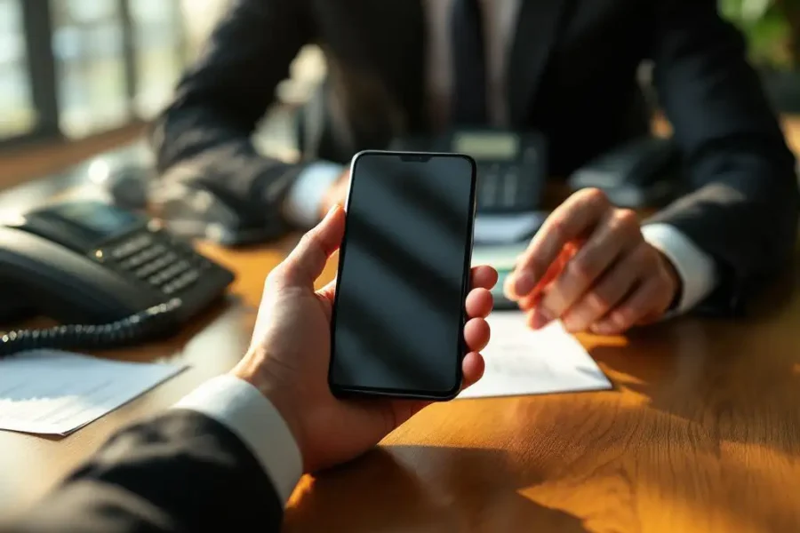 Zakenvrouw houdt moderne smartphone vast aan vergadertafel met traditionele telefoons en documenten in kantoor