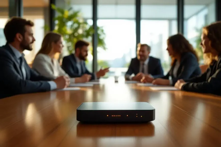 Opnameapparaat op vergadertafel met zakelijke professionals in gesprek in moderne conferentieruimte