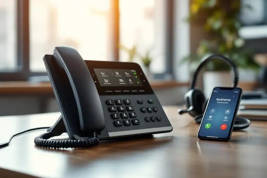 Moderne VoIP-telefoon met meerdere lijnindicatoren en smartphone op minimalistisch kantoorbureau met natuurlijk licht