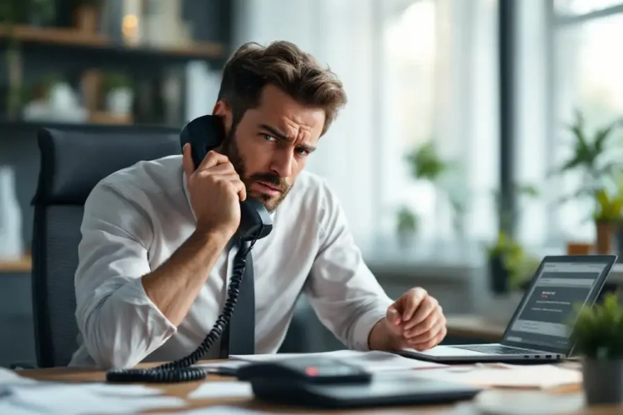 Gefrustreerde zakelijke professional met losgekoppelde telefoon aan bureau met foutmeldingen op laptop