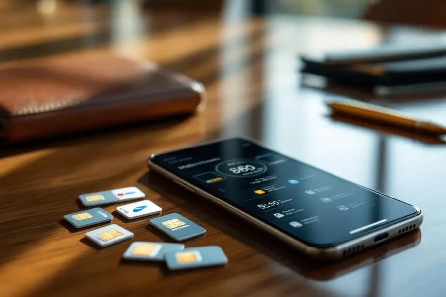 Smartphone met netwerkinterface op vergadertafel, omringd door SIM-kaarten en zakelijke accessoires in kantooromgeving