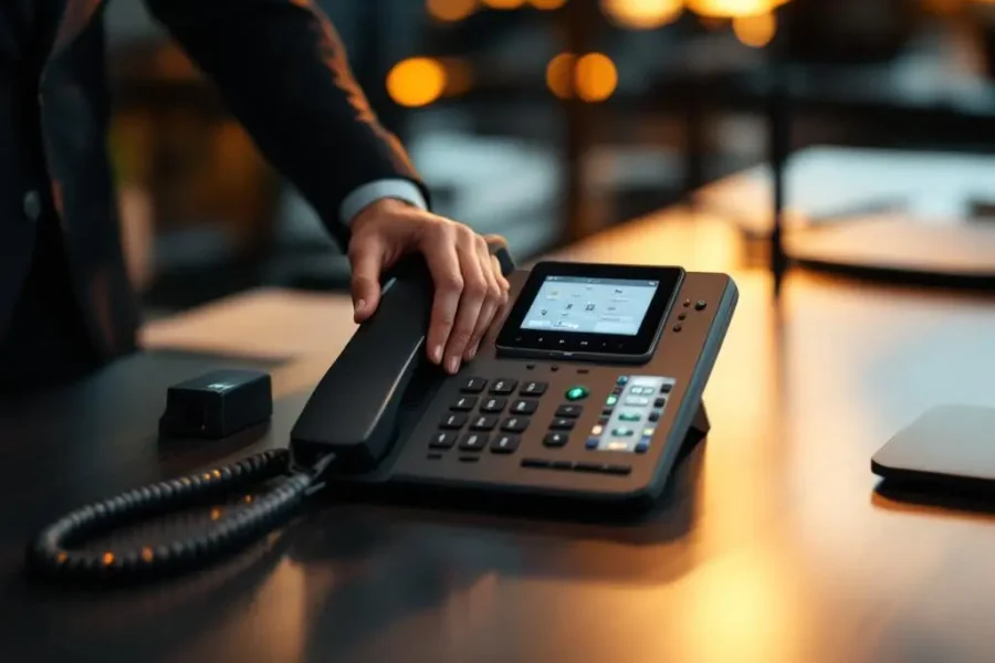 Moderne kantoortelefoon op bureau met beveiligingsapparatuur en professionele hand die naar hoorn reikt