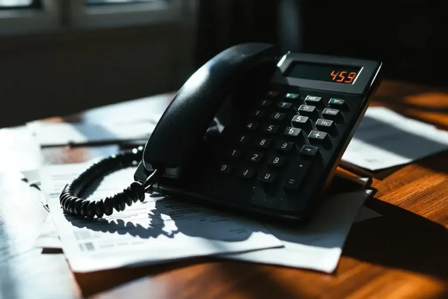 Zwarte zakelijke telefoon op houten bureau met facturen en rekenmachine met hoog bedrag, dramatische belichting