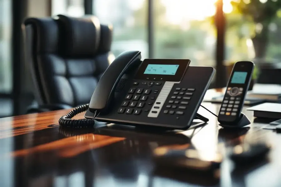 Moderne zakelijke telefoon met meerdere lijnen naast eenvoudige huistelefoon op mahonie bureau in kantoor