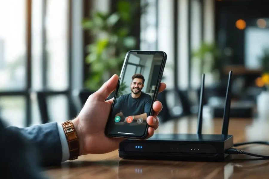 Zakelijke professional houdt smartphone met videogesprek, router en kabels op conferentietafel in modern kantoor