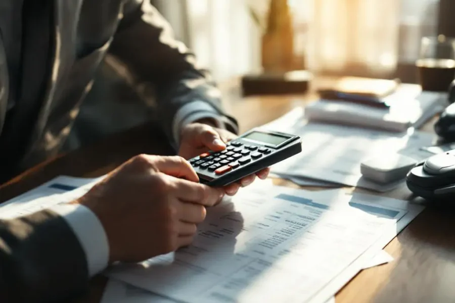 Zakenman houdt calculator vast terwijl hij telefoonrekeningen en facturen op houten bureau bekijkt