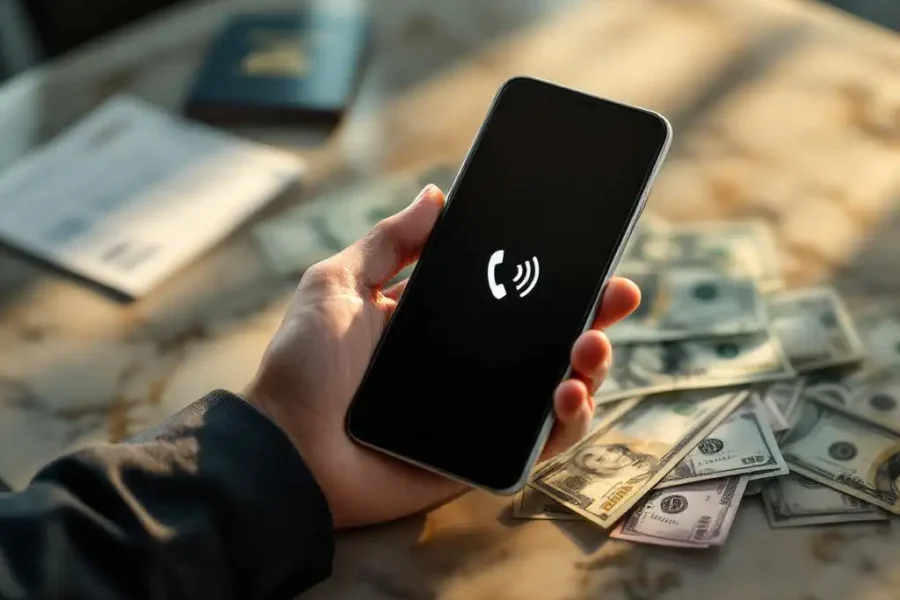 Zakenman houdt smartphone met signaalicoon boven geld op marmeren oppervlak, paspoort en boardingpass op achtergrond