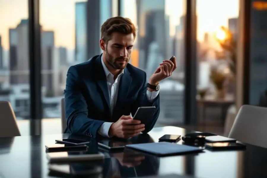 Zakenman in marineblauw pak houdt smartphone vast aan vergadertafel met mobiele apparaten in kantooromgeving