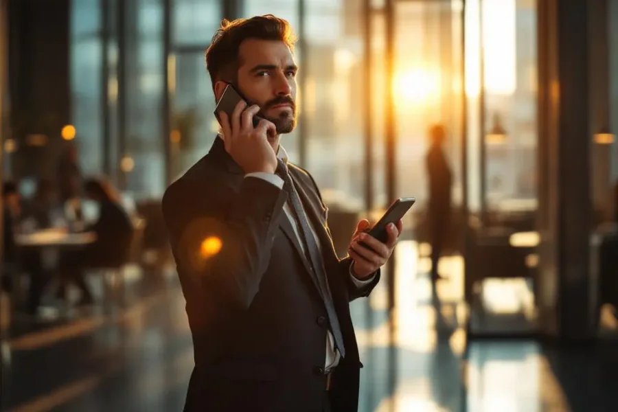 Zakenman in pak belt met smartphone in modern kantoor met glazen wanden tijdens gouden uur
