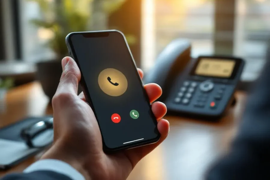Zakenman houdt smartphone met belinterface vast, traditionele kantoortelefoon op houten bureau op achtergrond